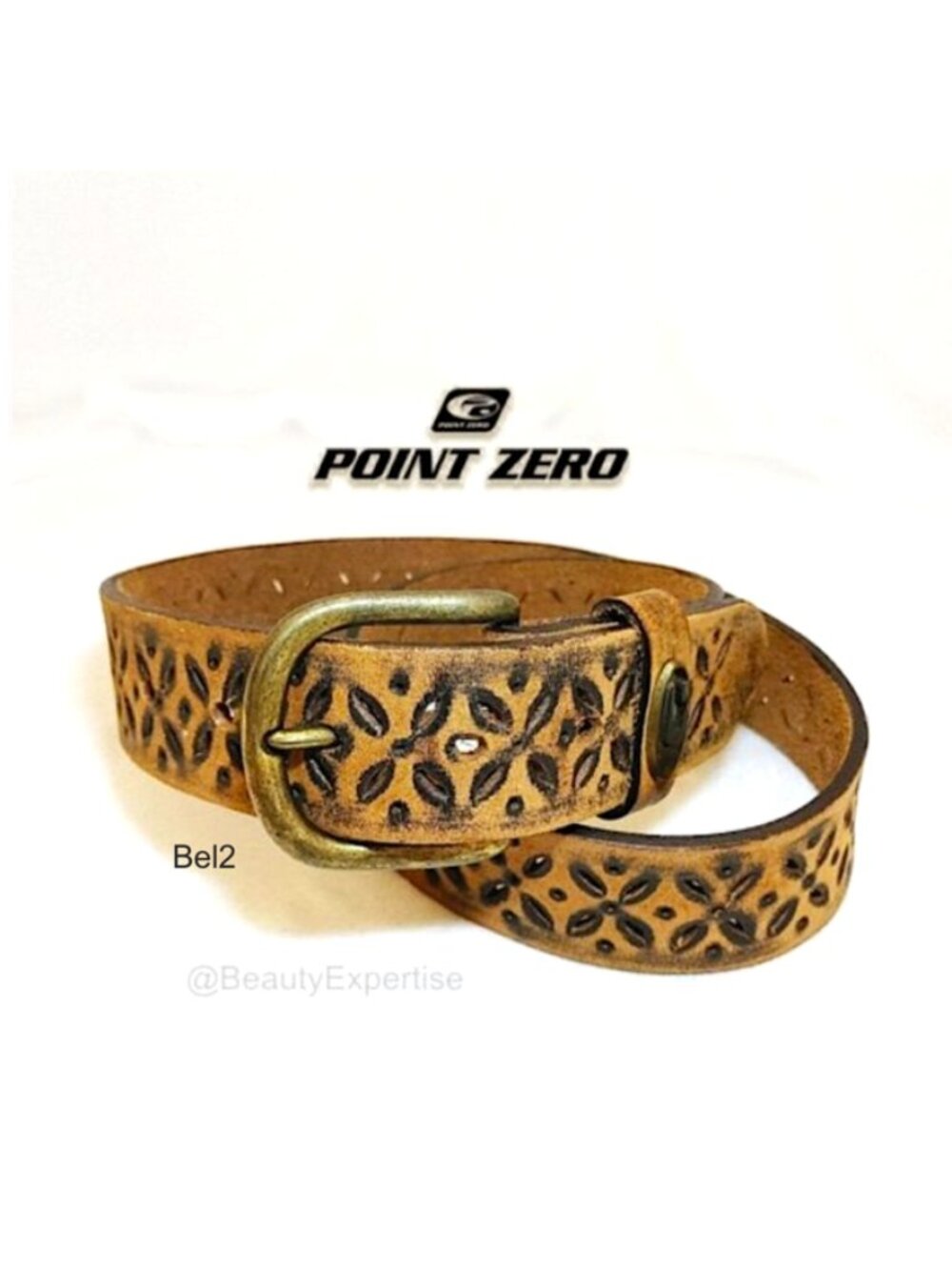 POINT ZERO Unisex Belt Brown Leather Black Burnished Geo Motifs Brass Buckle, S